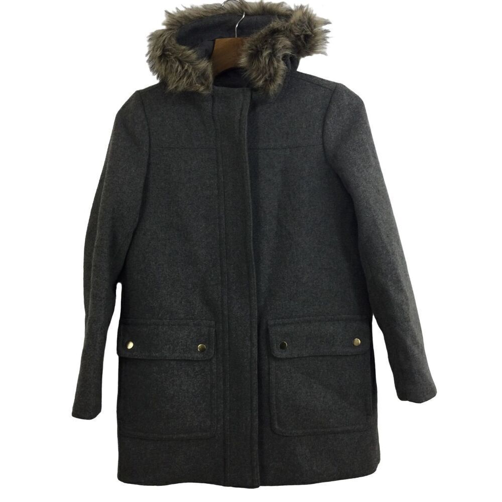 J. Crew Mercantile Womens Wool Blend Faux Fur Hooded Long Jacket Coat Size 0